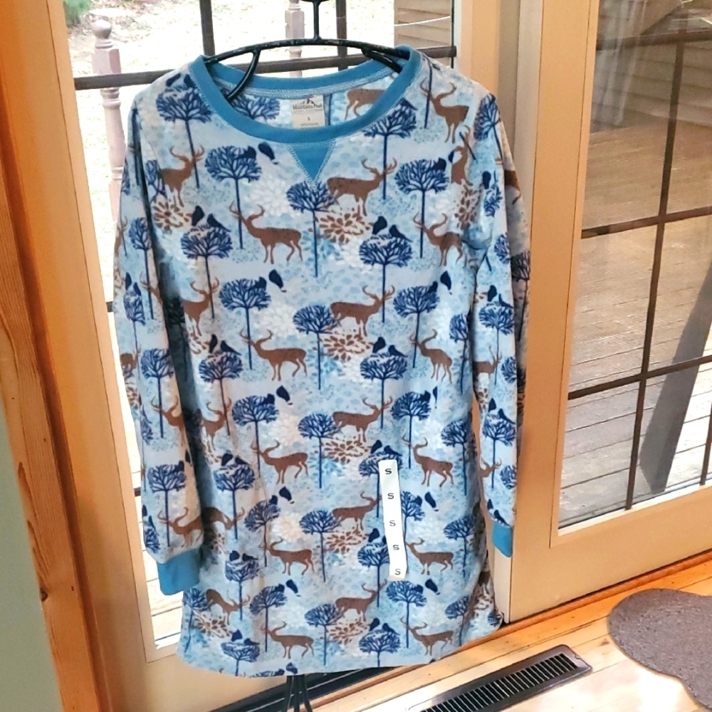 Mountains Peak Womens Fleece Nightgown Blue Woodland Deer Print Size Small New
